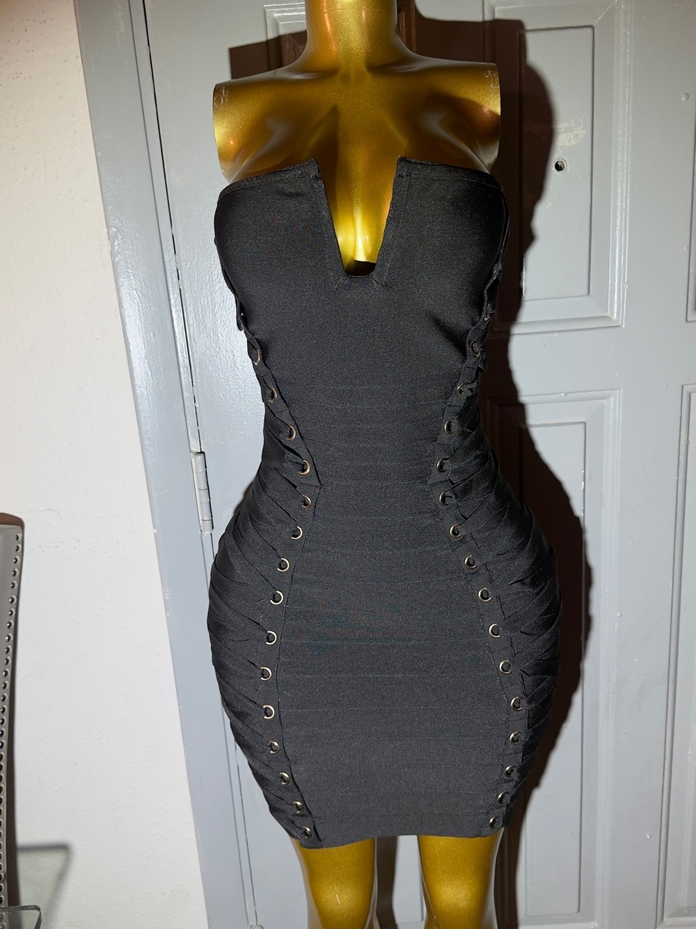 Strapless Black Lace-Up Bodycon Mini Dress